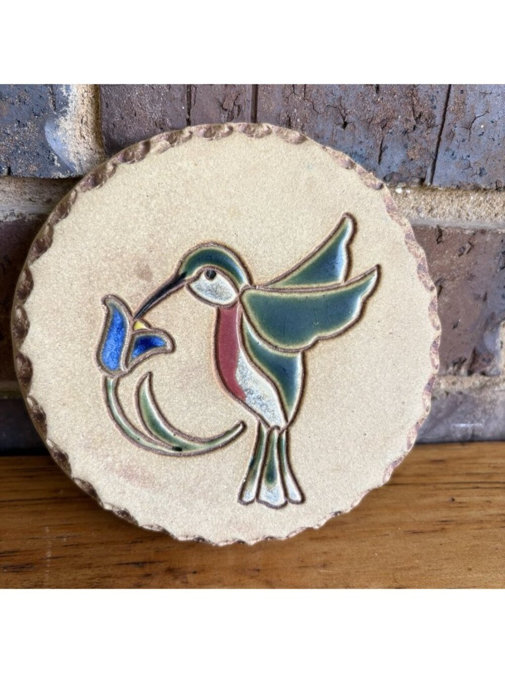 Vintage Enameled Hummingbird Clay Tile Round Trivet Wall Art Jane Ashley 5.5”